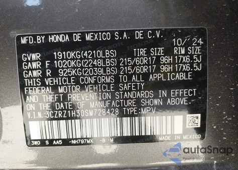 2025 Honda Hr-V 2Wd Lx from USA, damaged, VIN 3CZRZ1H30SM728428